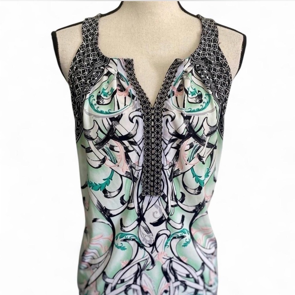 White House Black Market Black, Mint & Pink Printed Sleeveless Tank